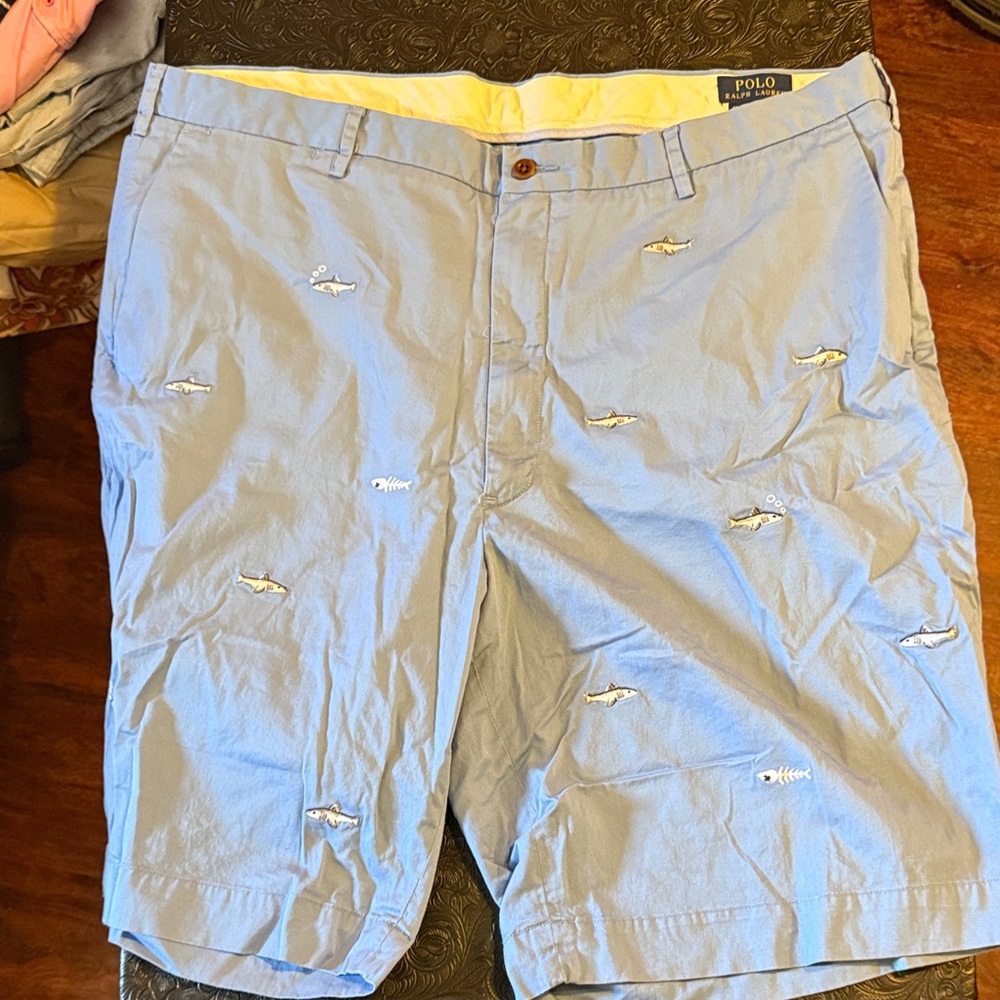 Polo by Ralph Lauren Light Blue Shark Embroidered Flat-Front Shorts